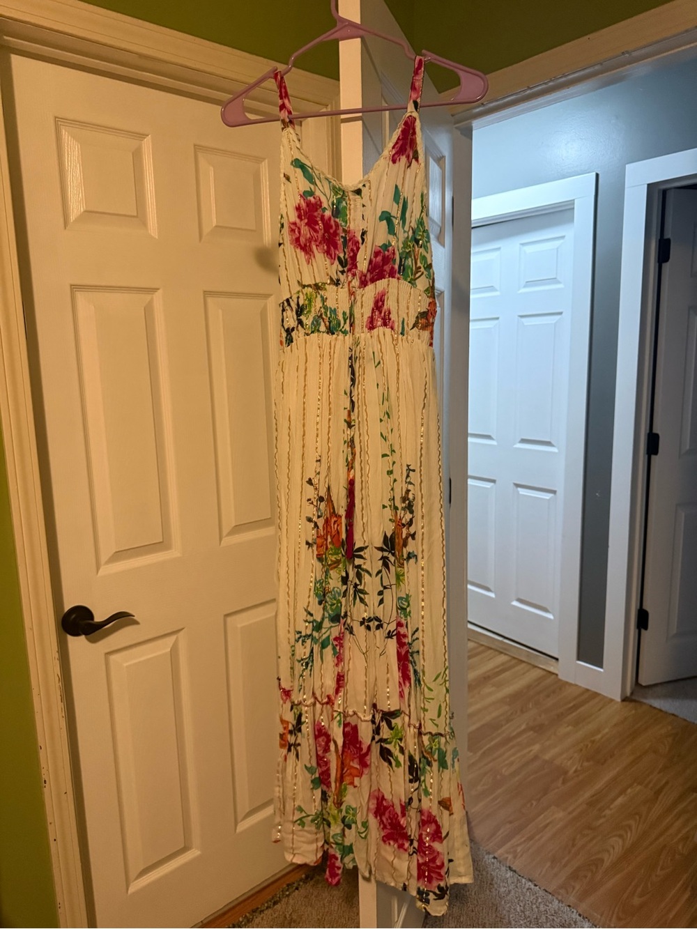 Floral Cream Maxi Dress with Pink & Green Accents
